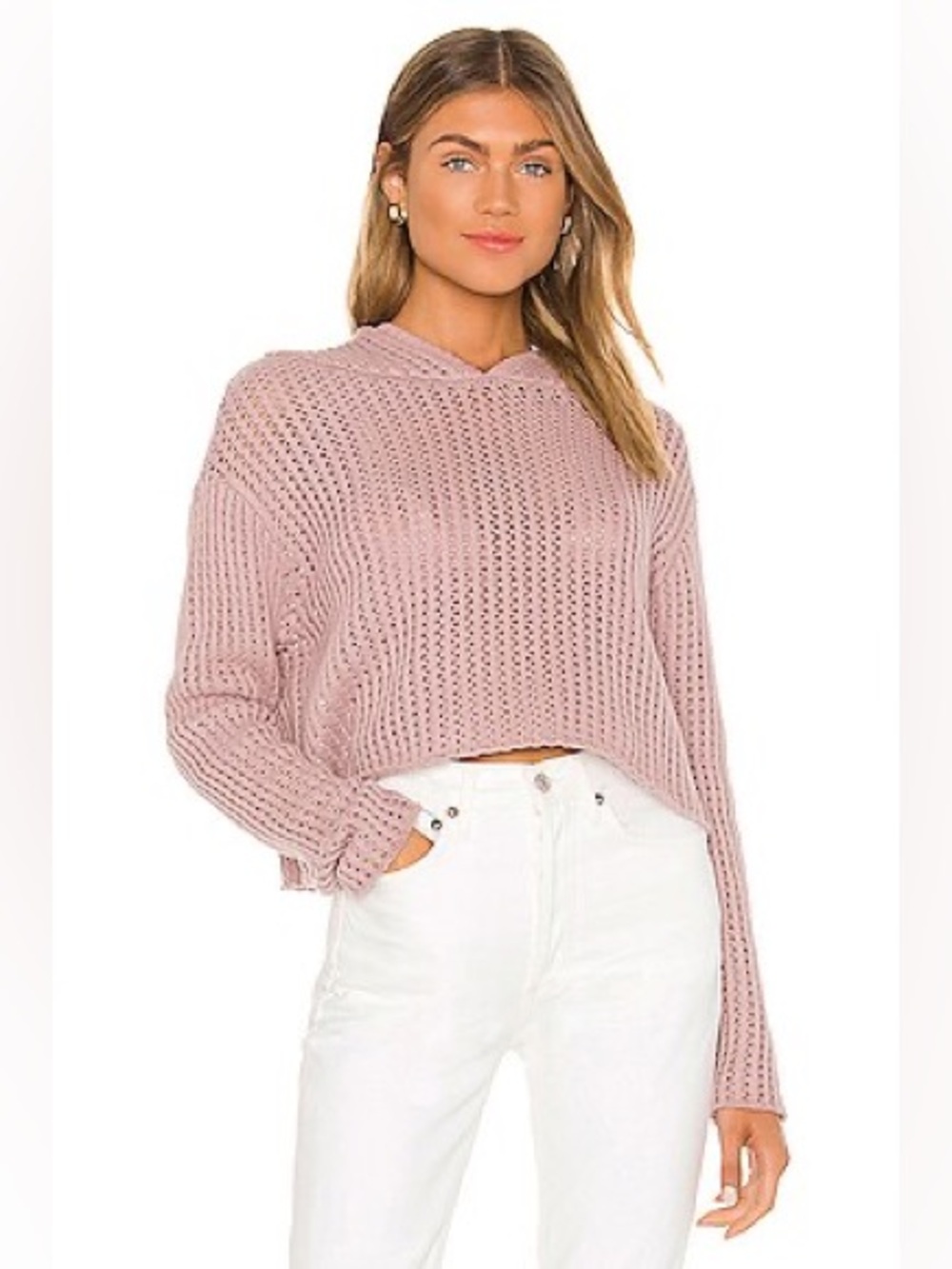 LPA Omara Hoodie Dusty Lilac Knit Cropped Hooded Sweater Size L